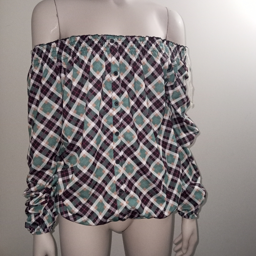 ROUTE 66 long sleeve plaid off the shoulder blouse size small